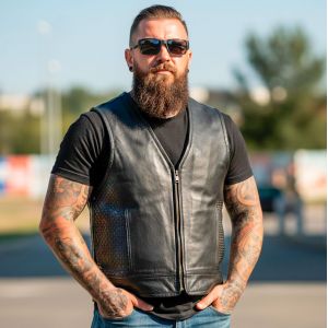  Байкерський шкіряний жилет з плетенням та розширенням об'єму. 9186