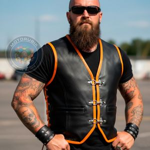 Байкерський шкіряний жилет з помаранчевою каймою №944 