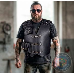 Байкерський шкіряний жилет Броня (накладні кишені)