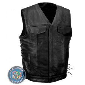 Чоловічий шкіряний мотожилет з бічною шнурівкою і подвійною застібкою.